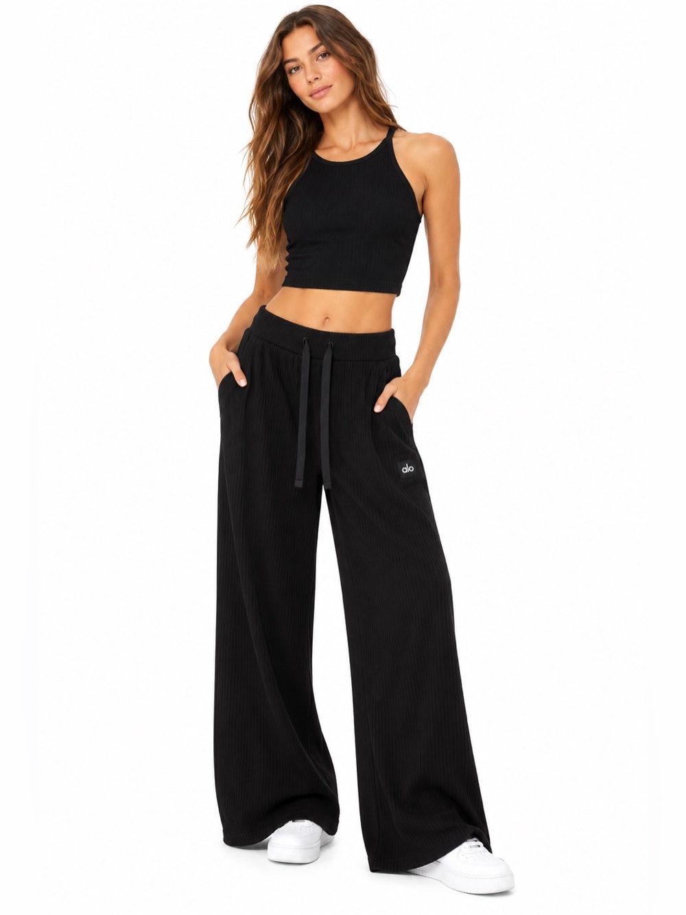 NWT Alo Yoga Muse Wide Leg Pant Black Ribbed Lounge Pants Women’s Size Small